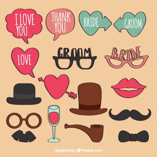 Free Vector pack of hand-drawn accessories for wedding