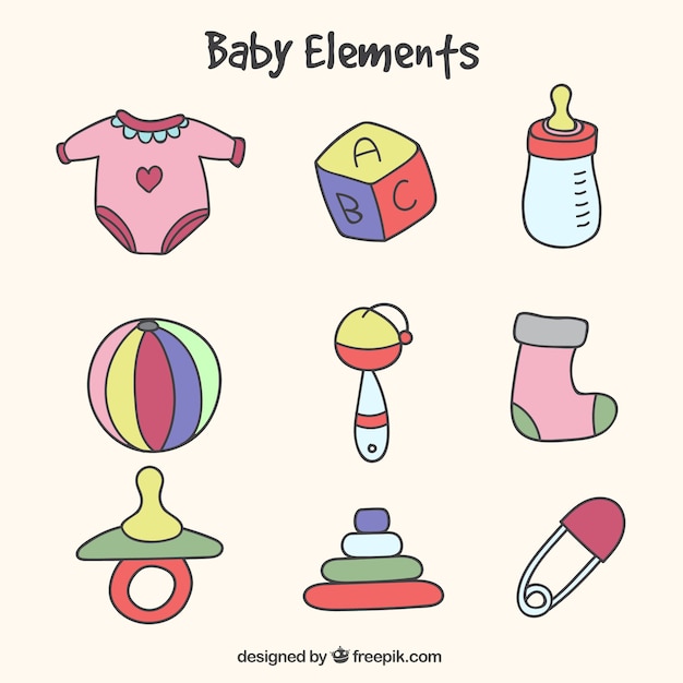 Pack of hand-drawn baby elements with different colors