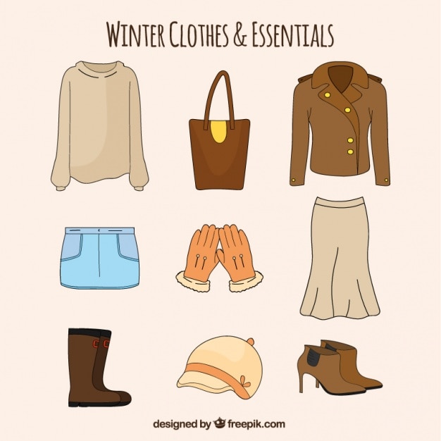 Pack of hand-drawn basic winter female clothes 