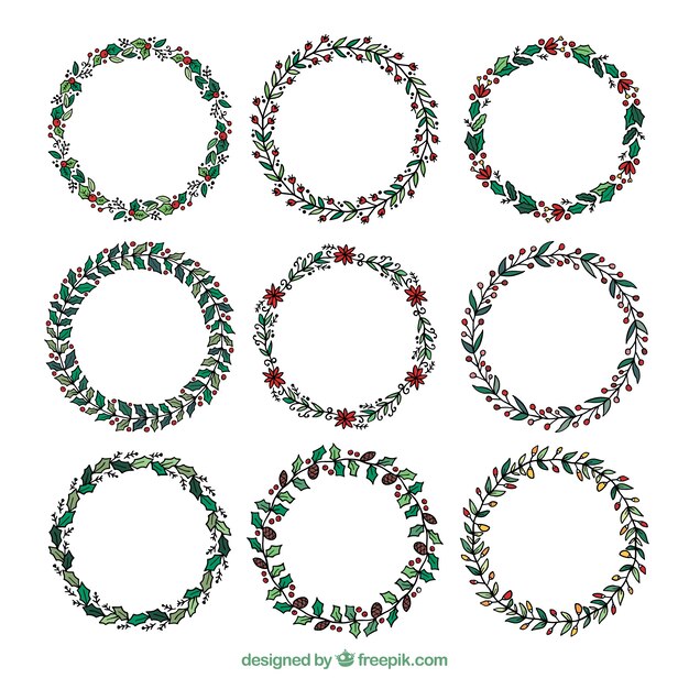 Pack of hand drawn christmas retro wreaths