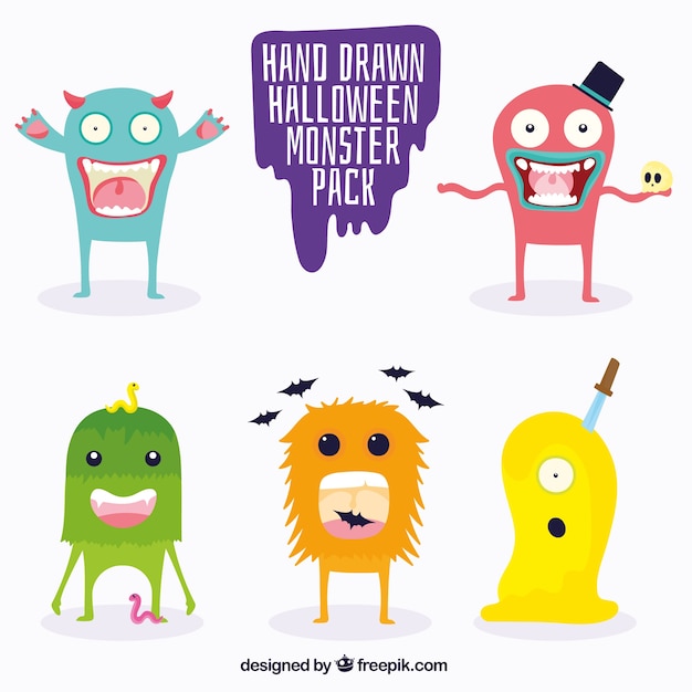 Pack of hand-drawn funny monsters