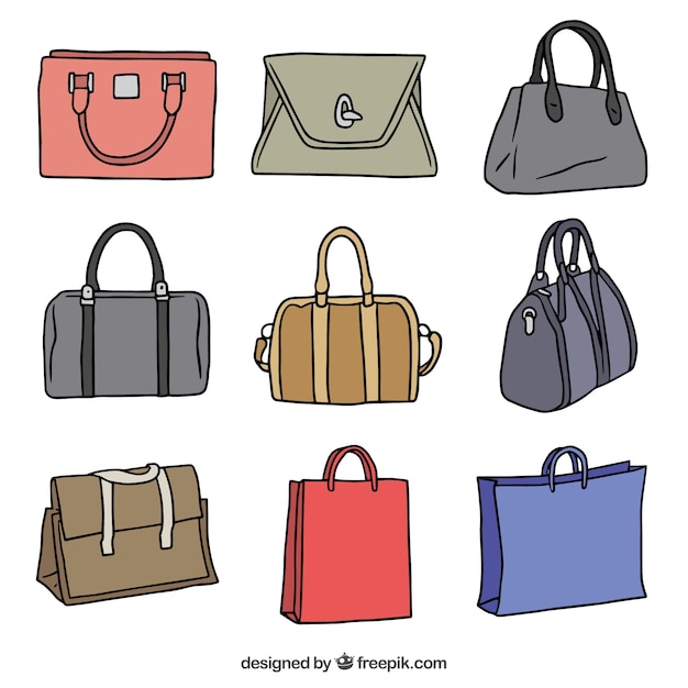 Pack of hand-drawn handbags with different colors