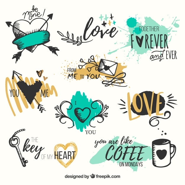 Free Vector pack of hand drawn hearts with phrases