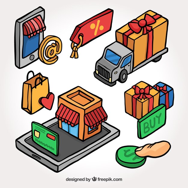 Pack of hand-drawn isometric online shopping items