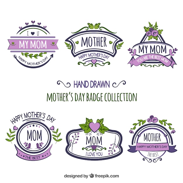 Free Vector pack of hand-drawn mother's day badges with purple details