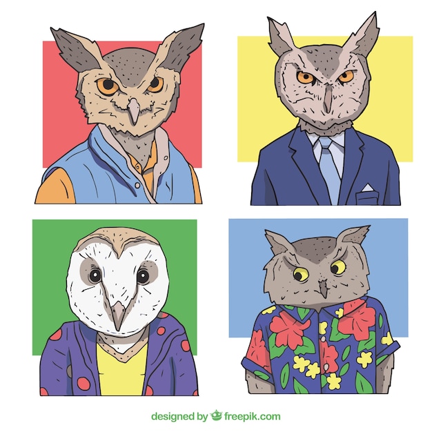 Free Vector pack of hand drawn people with owl heads