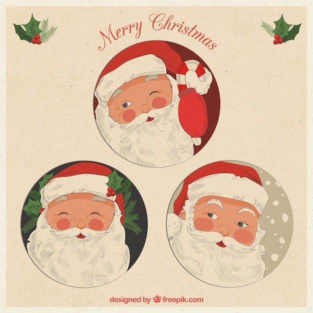 Free Vector pack of  hand drawn santa claus card in vintage style