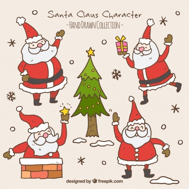 Free Vector pack of hand-drawn santa claus with a christmas tree