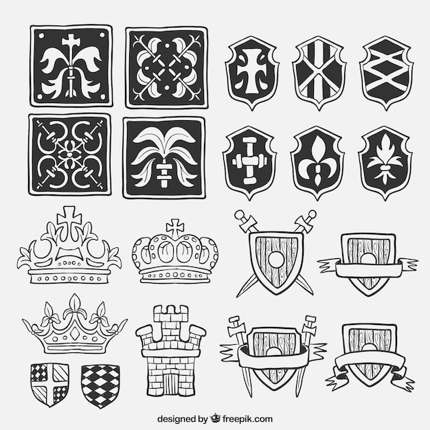 Free vector pack of hand drawn shields and medieval elements