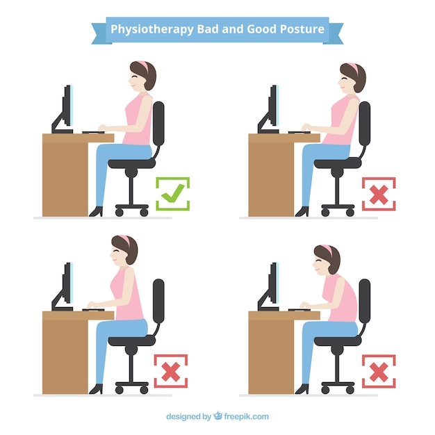 Free vector pack of incorrect postures and correct in front of the computer