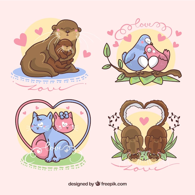 Pack of lovely hand drawn animal couple