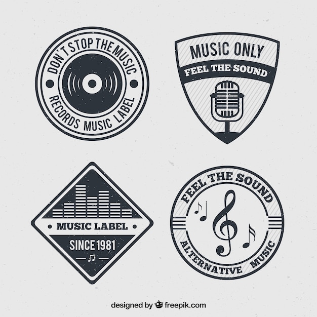 Pack of music badges in retro design