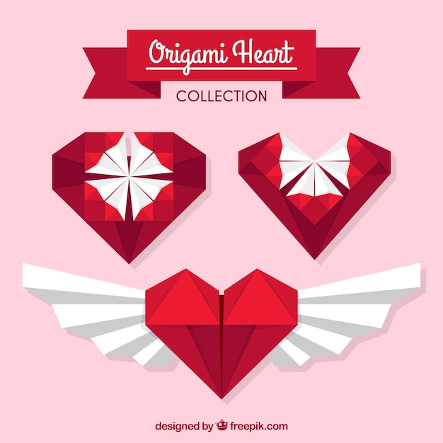 Free vector pack of origami hearts in flat design