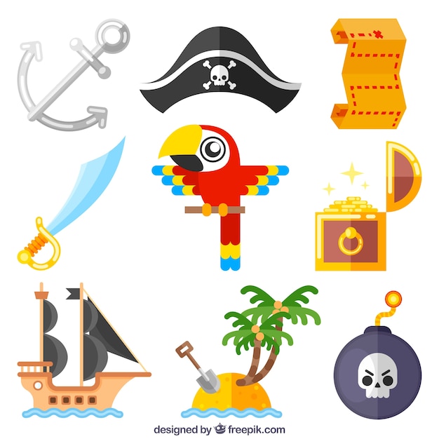 Pack of parrot and pirate adventure elements in flat design