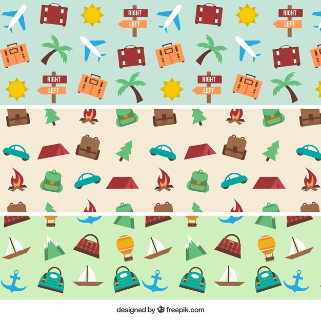 Pack of patterns with trip objects in flat design