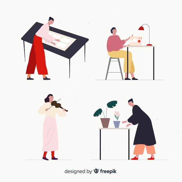 Free Vector pack of people enjoying their hobbies