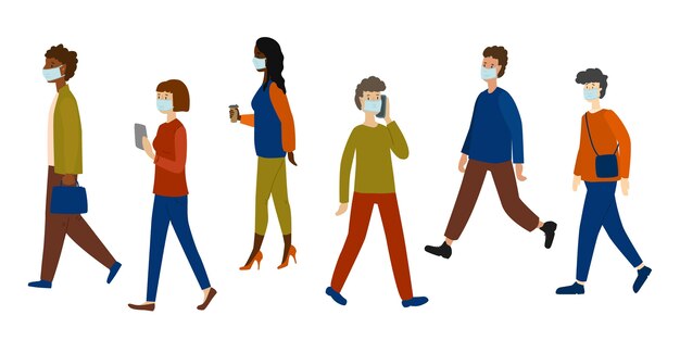 Pack of people going back to work while wearing face masks