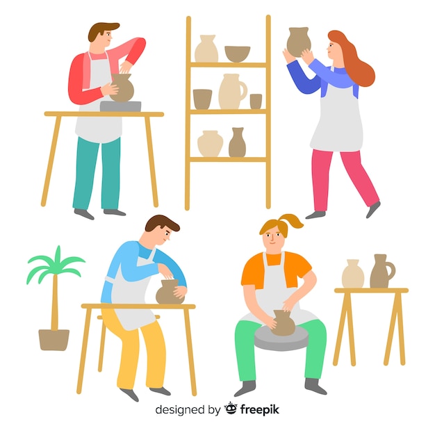 Pack of people making pottery flat design