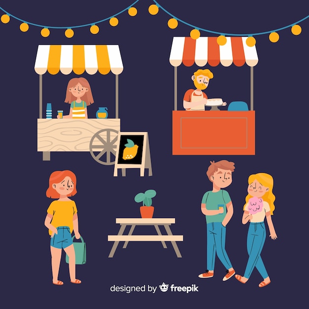 Free Vector pack of people at a night fair