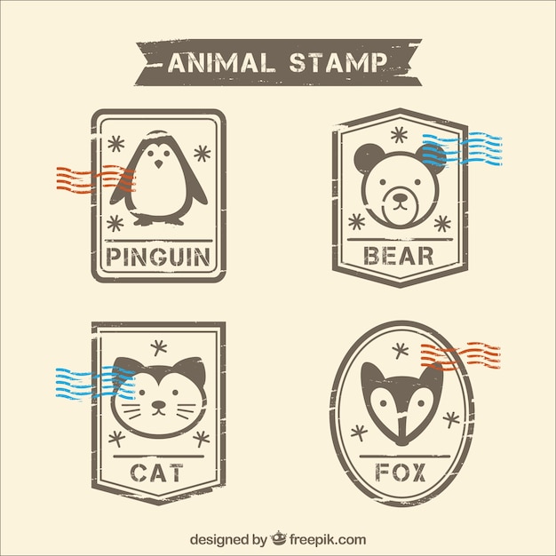 Free Vector pack of post stamps with decorative animals in retro style