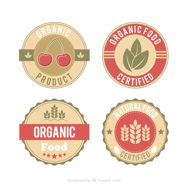 Pack of retro organic food labels with red details