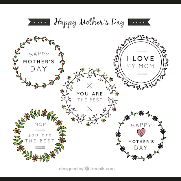 Free Vector pack of round stickers with floral ornaments for mother's day