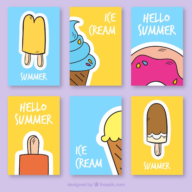 Free vector pack of six hand-drawn cards with tasty ice creams