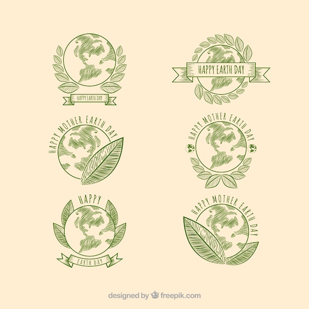 Free vector pack of six hand drawn earth day stickers