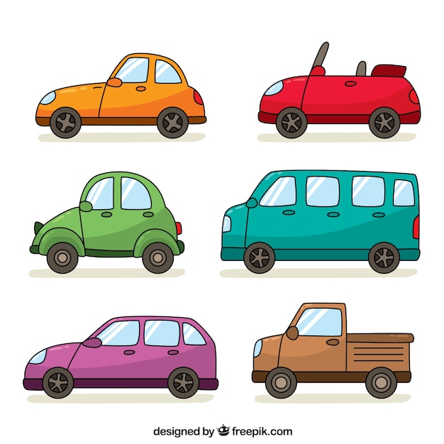 Free Vector pack of six hand-drawn vehicles