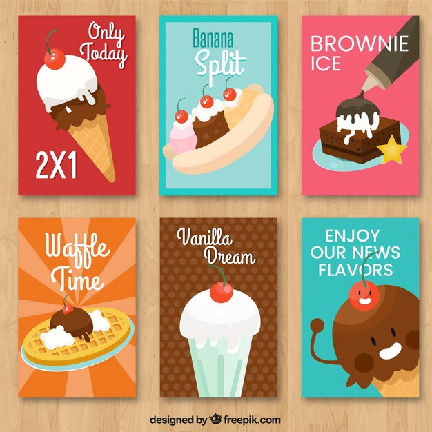 Pack of six ice cream cards with variety of decorative elements