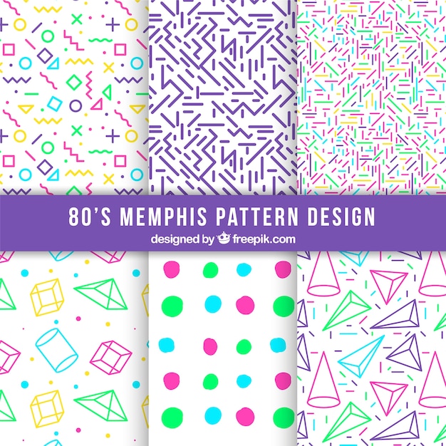 Free vector pack of six patterns with colorful geometric shapes