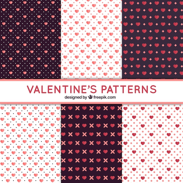 Pack of six patterns with red hearts for valentine's day