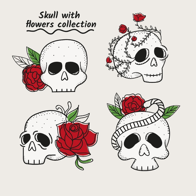 Free vector pack of skulls hand drawn with roses