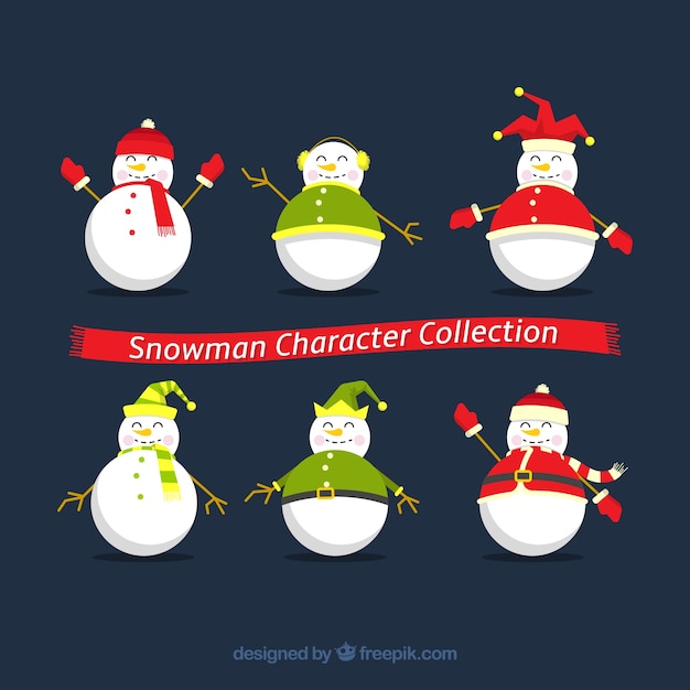 Pack of snowman characters in flat design