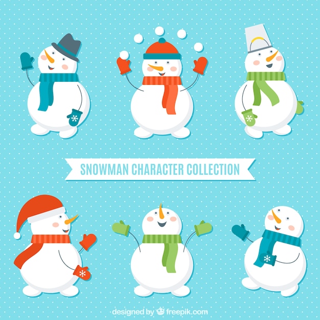 Free vector pack of snowmen in flat design