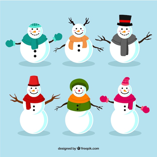 Free vector pack of snowmen with winter clothes