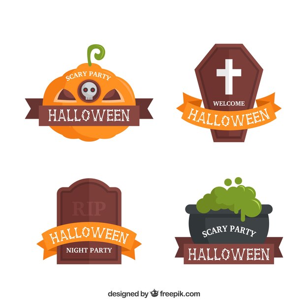 Pack of stickers with halloween elements in flat design