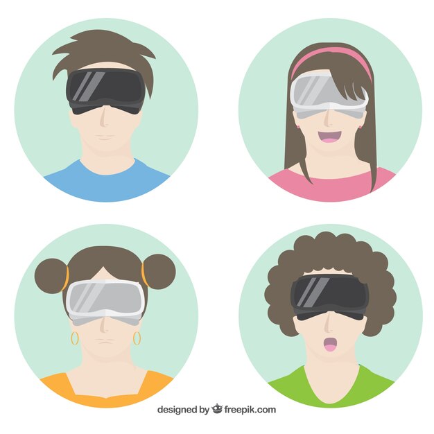 Pack of teenagers using virtual reality glasses