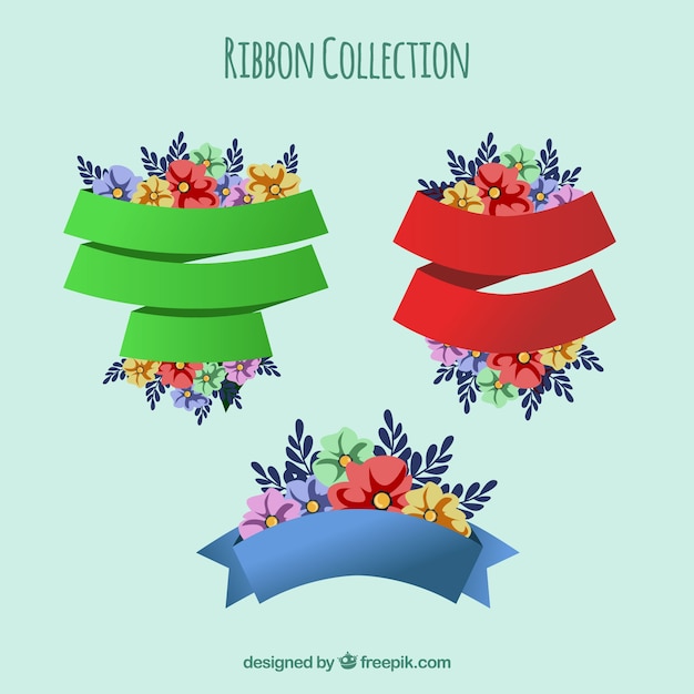 Free Vector pack of three colorful ribbons with flowers