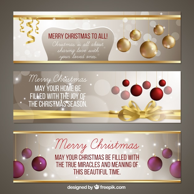 Free Vector pack of three stylish banners with christmas balls