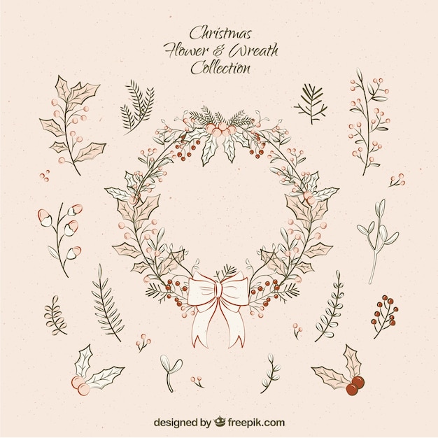 Free vector pack of vintage floral wreath and christmas natural details