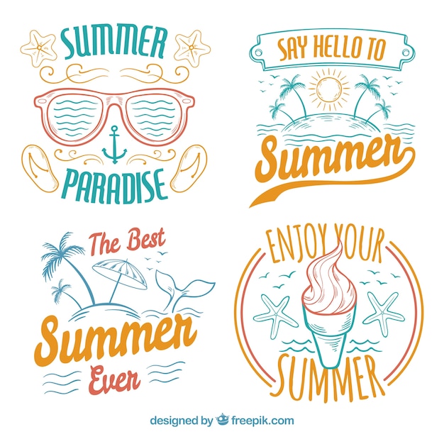 Free Vector pack of vintage hand-drawn summer stickers