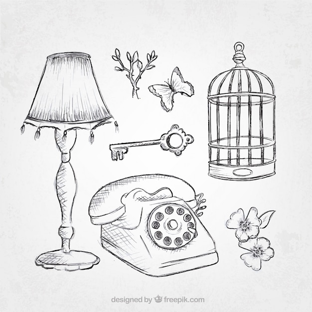 Pack of vintage objects sketches 