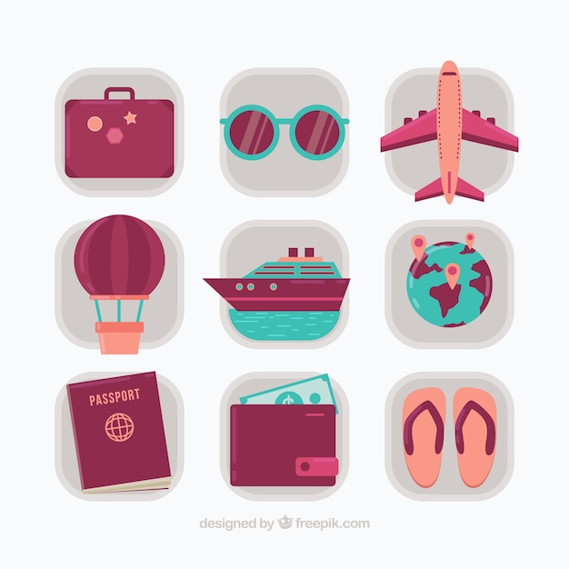 Free Vector pack of vintage summer travel elements in flat design