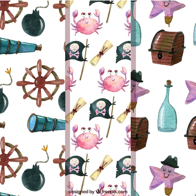 Free vector pack of watercolor pirate elements patterns