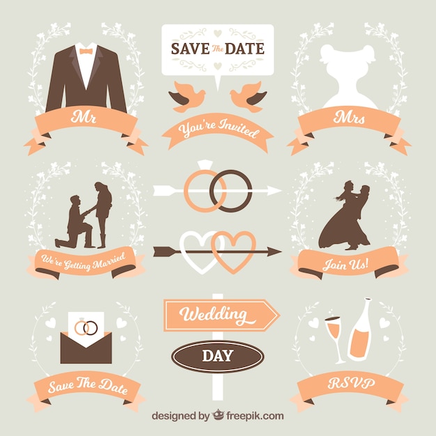 Free Vector pack of wedding labels with orange ribbons