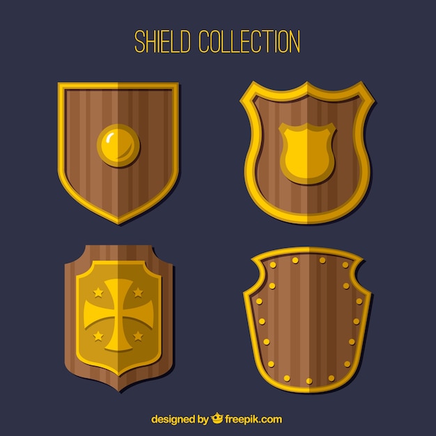 Free Vector pack of wooden shields with golden details