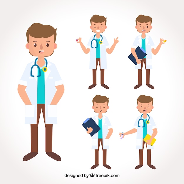 Free vector pack of young doctor at different tasks