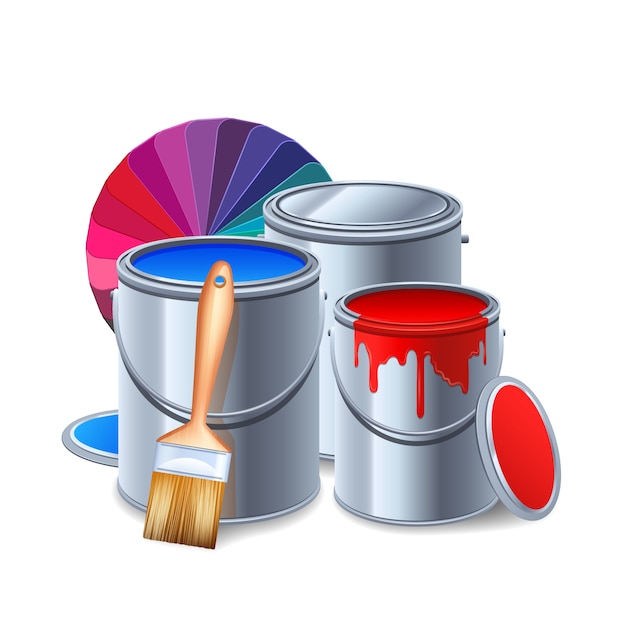 Painting tools and equipment realistic composition with paint cans 