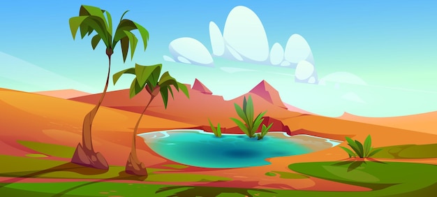 Palm tree in desert oasis cartoon vector landscape background Water in sahara lake egyptian summer mirage African heat season image Illustrated arabian nature scene wallpaper for game journey